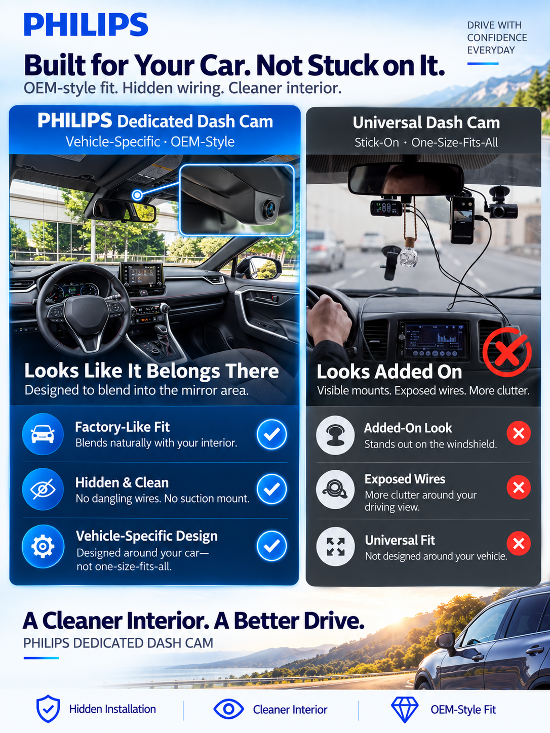 PHILIPS dedicated dash cam compared with a universal dash cam